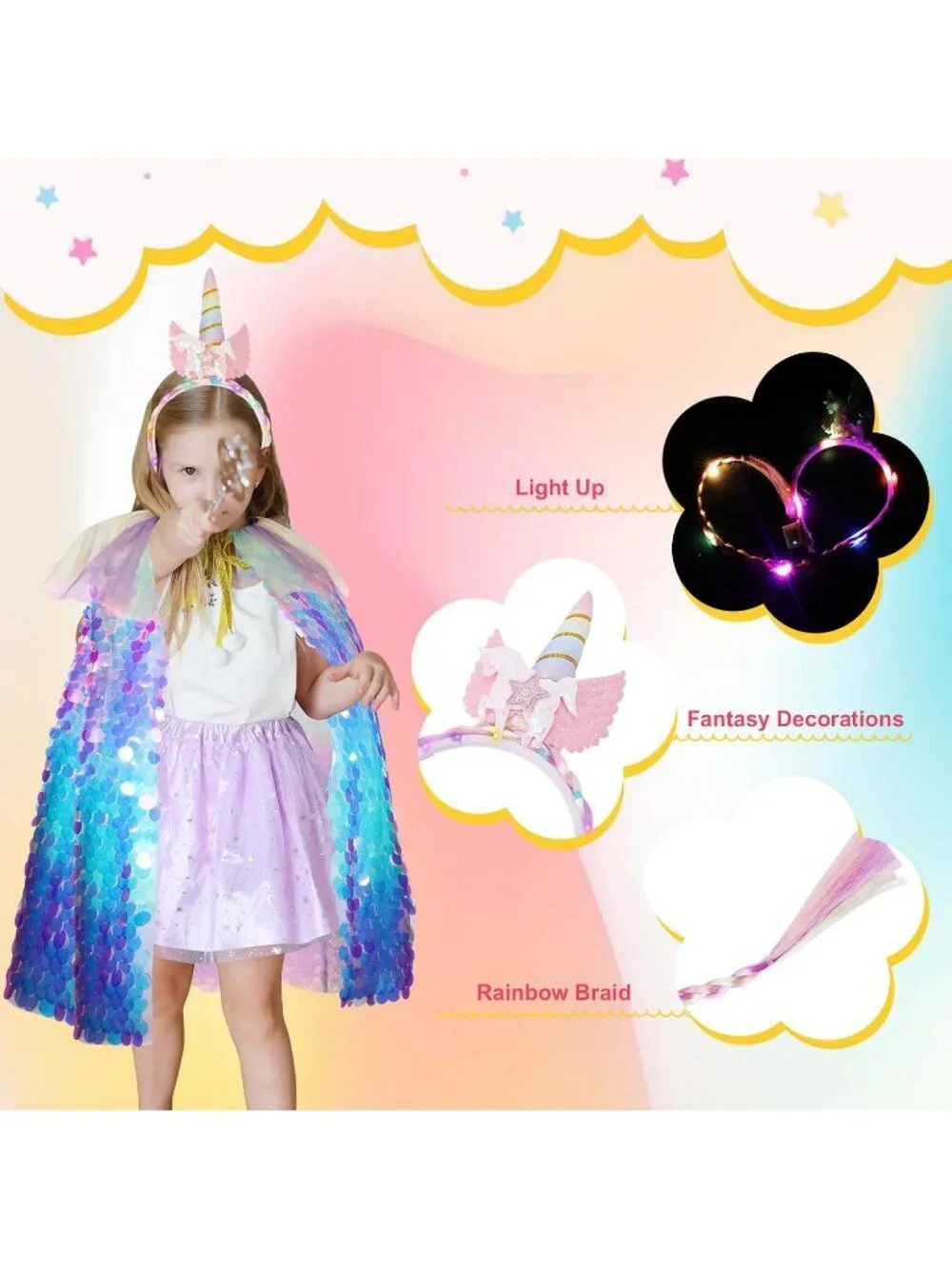 Mermaid Princess Dress Up Cape with Crown Costume Set for Girls -Colorful